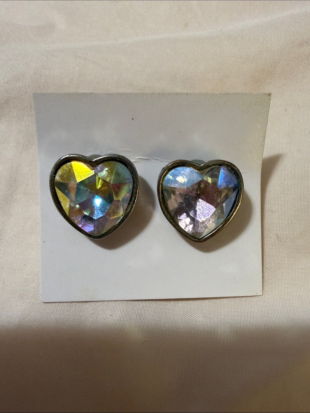 Heart-Shaped Iridescent Crystal Stud Earrings - Clear Holographic